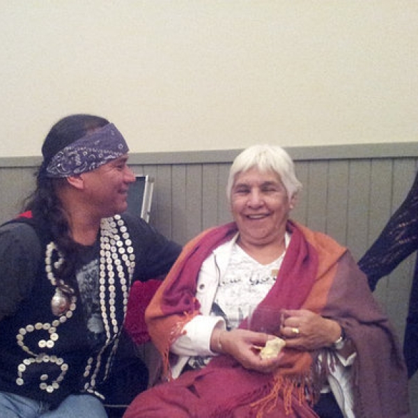 Hwiemtun, Elder-in-residence Florence James, and Marie (ANTH/PSYC 338 student). North Oyster Community Centre. 05 February 2014.