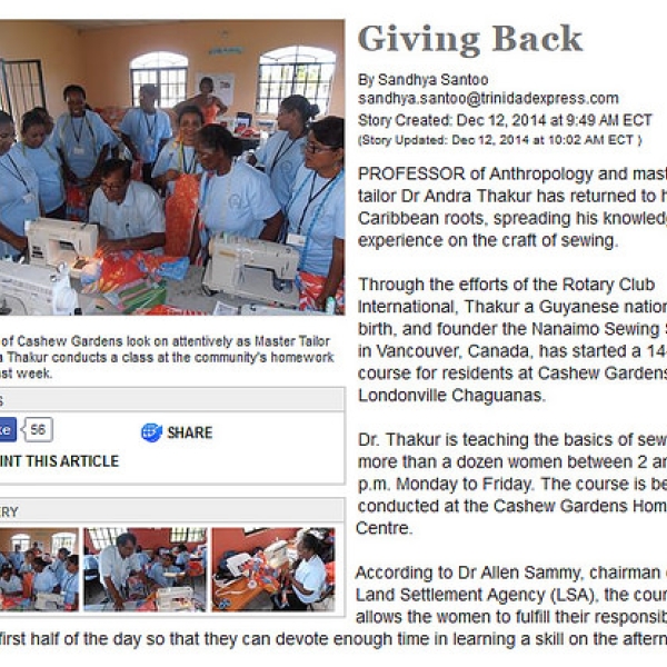 Giving Back - Sewing Project in Trinidad, Dr Andra Thakur