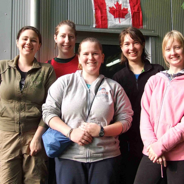 Mel, Andrea, Katie, Sarah, & Sarah) are in front of the cave entrance. They are on a 5-week internship in archaeology and palaeoanthropology (June-July). Happy Canada Day!