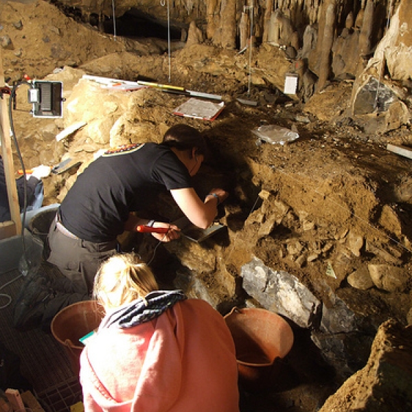 Working inside Scladina Cave, Belgium The two Sarahs are excavating in their units. 