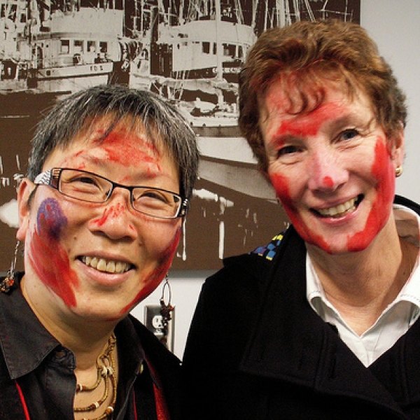 Happy Holi participants! On March 1, the Indian festival known as Holi, or the Festival of Colours, was celebrated on campus. Imogene (ANTH) and Lynn (PSYC) were willing faculty participants. 