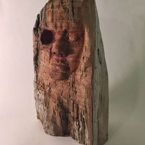 Faculty award in Sculpture, Maya Florey, carved found wood