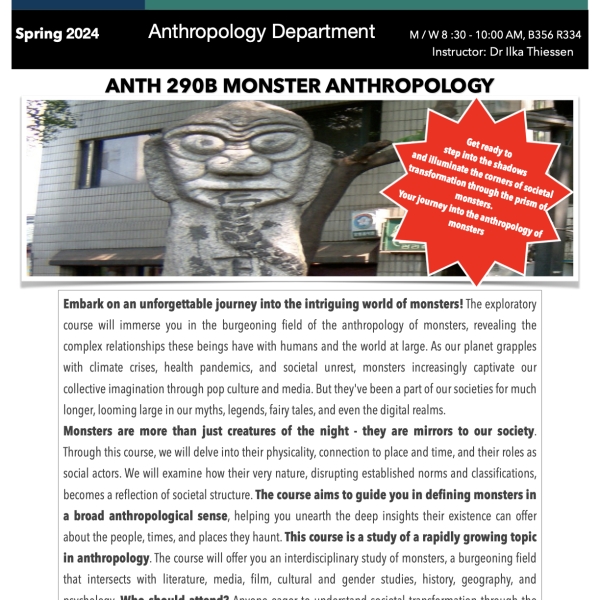 Promo flyer, ANTH 290B Monster Anthropology, S24