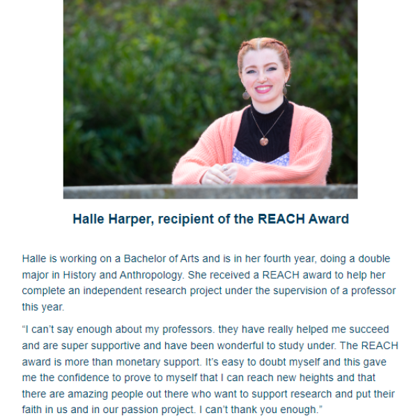 Halle Harper on completing research project supported by REACH funding.