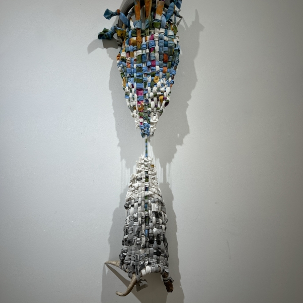 Hanging By a Thread, acrylic on cotton, with dear antler, Julia Knowlden