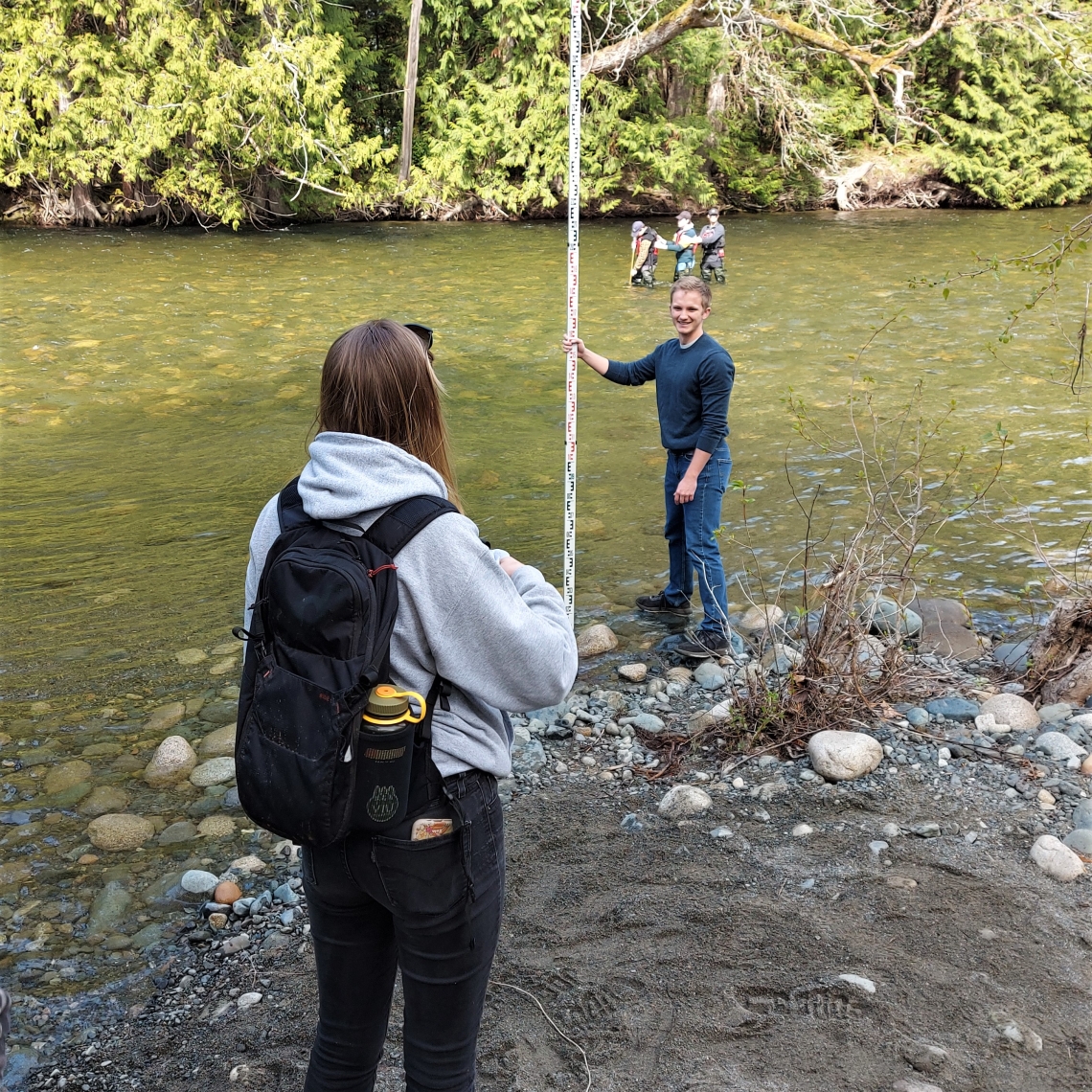 Students collecting data by Englishman River