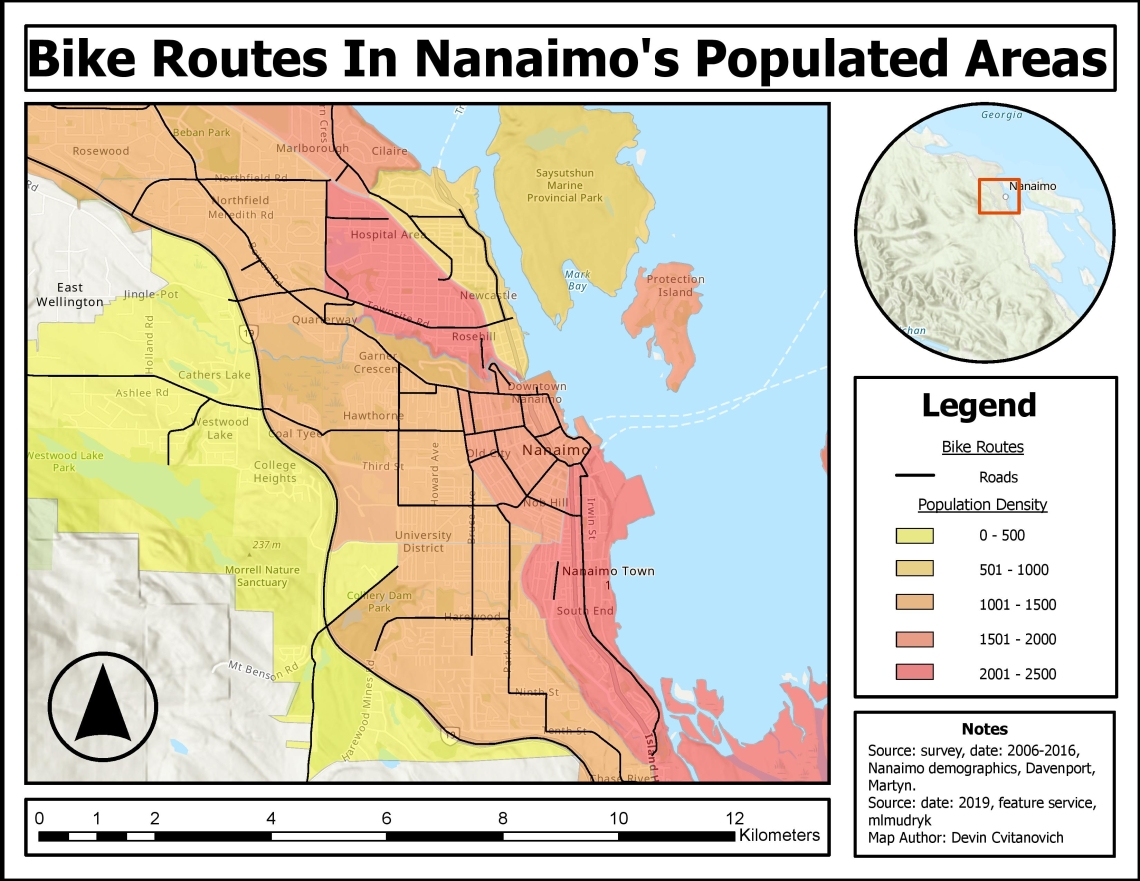 Landscape map of the Nanaimo area showing population density and bike paths on roads
