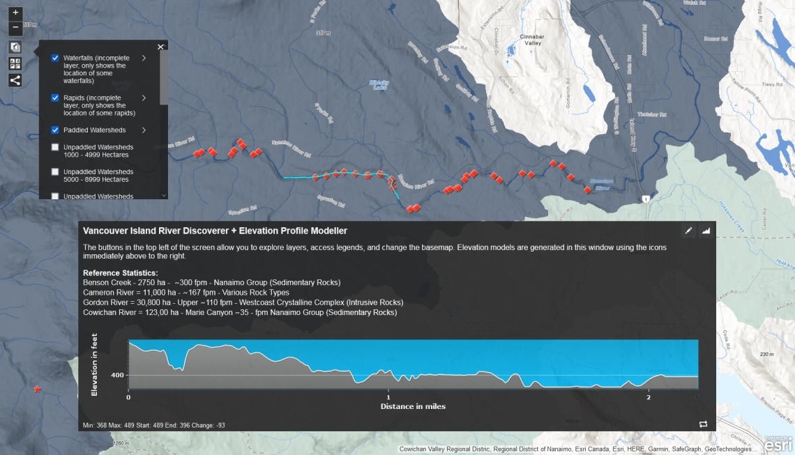 Screenshot of web map showing watersheds of Vancouver Island