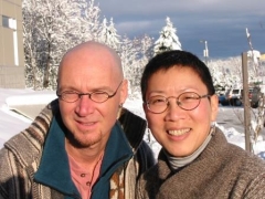 Denis, student club member, and Dr. Lim, before headshave, in promo photo for fundraiser.