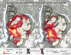 Multi-year heat map of snowmobile tracks, Atlin, BC