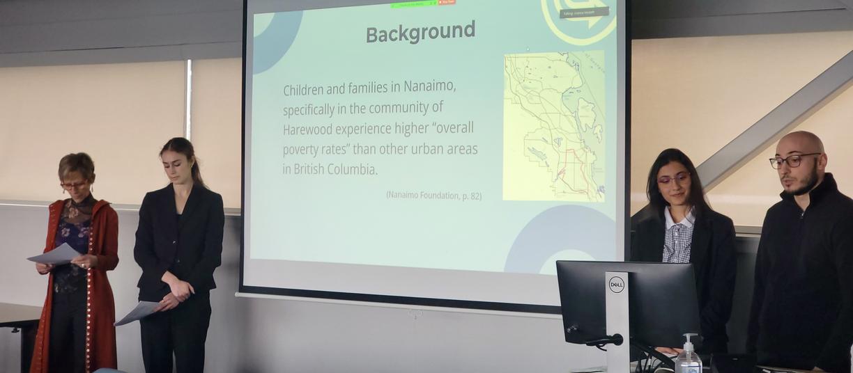 Professionally dressed students stand two on each side of a screen containing text. 