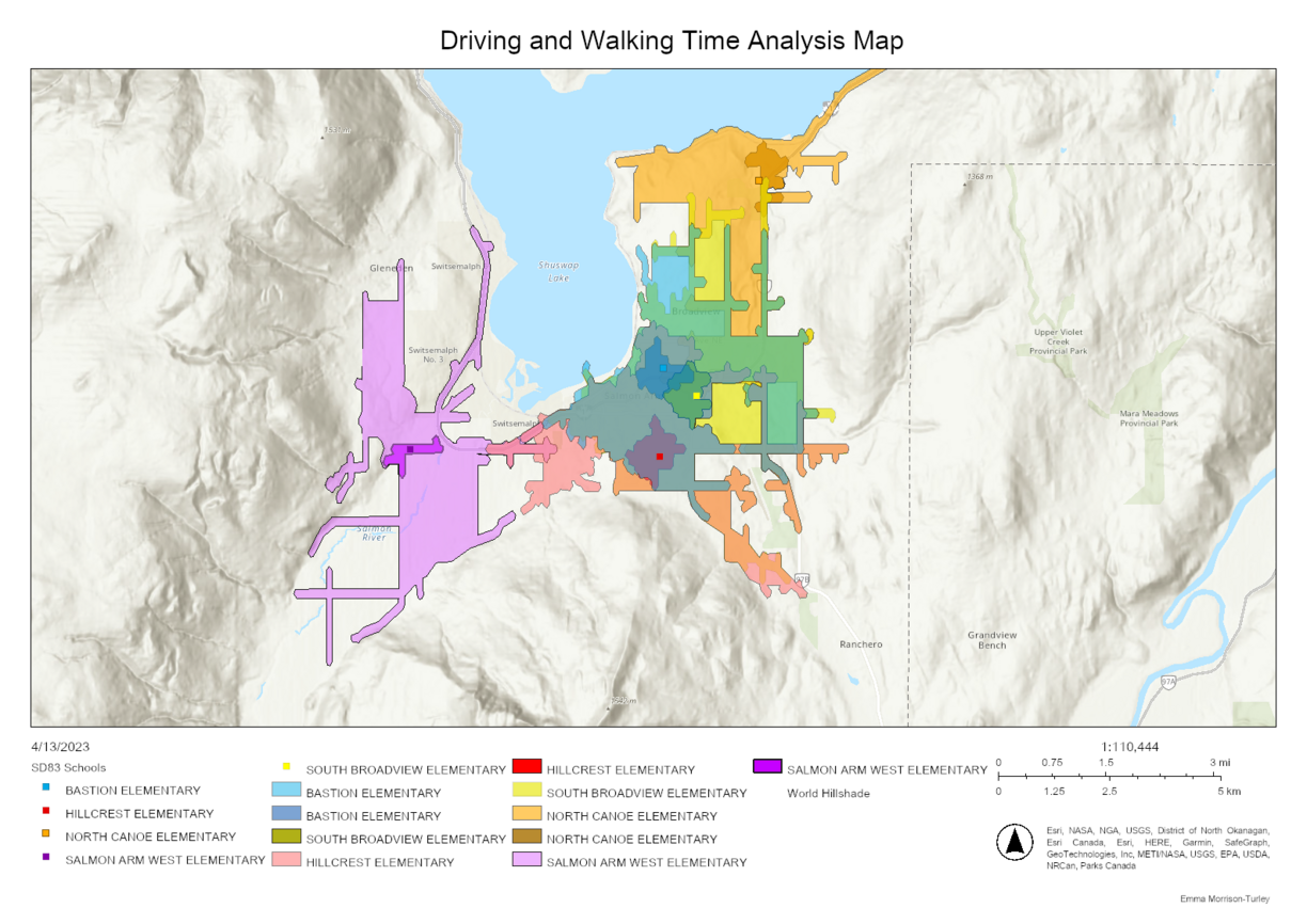 Driving and Walking Time Analysis Map of elementary schools in Salmon Arm